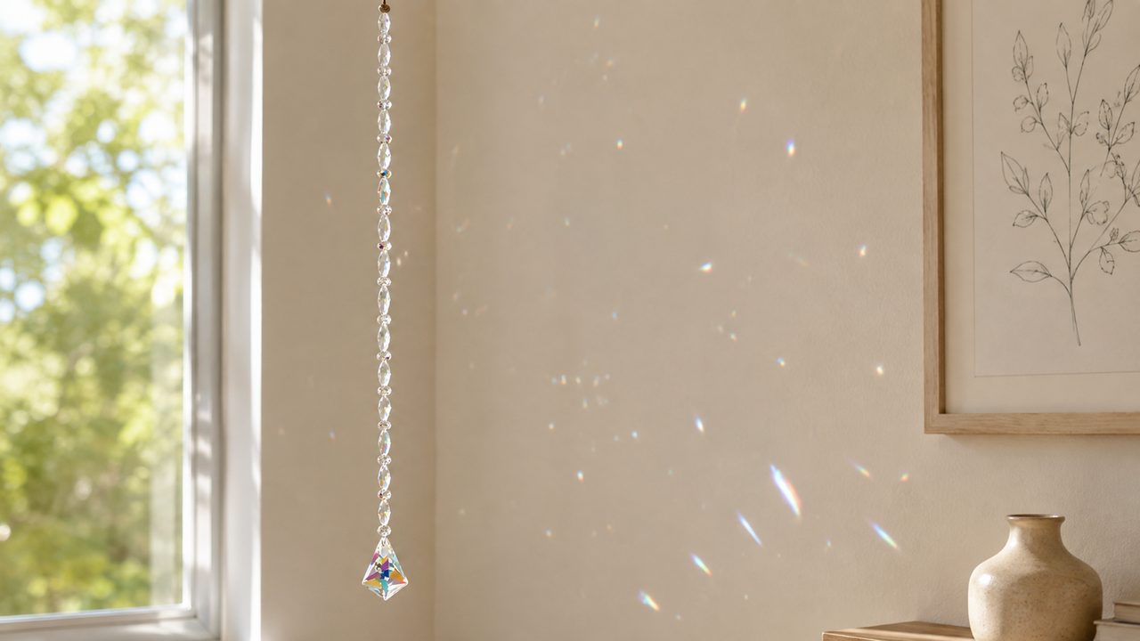 Suncatcher in een zonnig raam, regenbogen over de muur en door de kamer